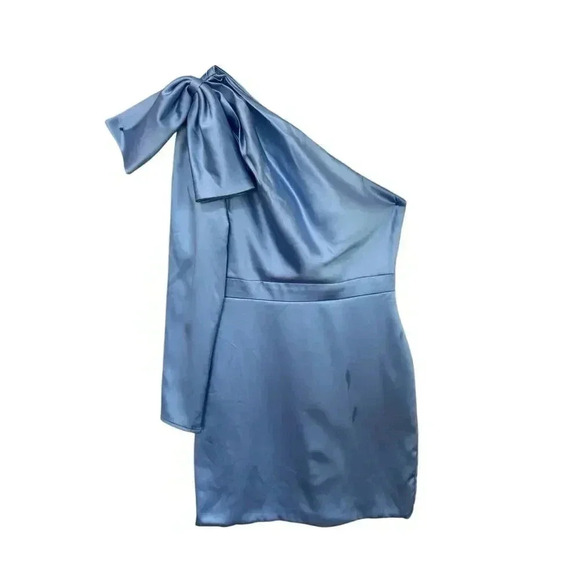 MAC DUGGAL One Shoulder Long Sleeve Satin Cocktail Blue Mini Dress Size 4 - Picture 3 of 9
